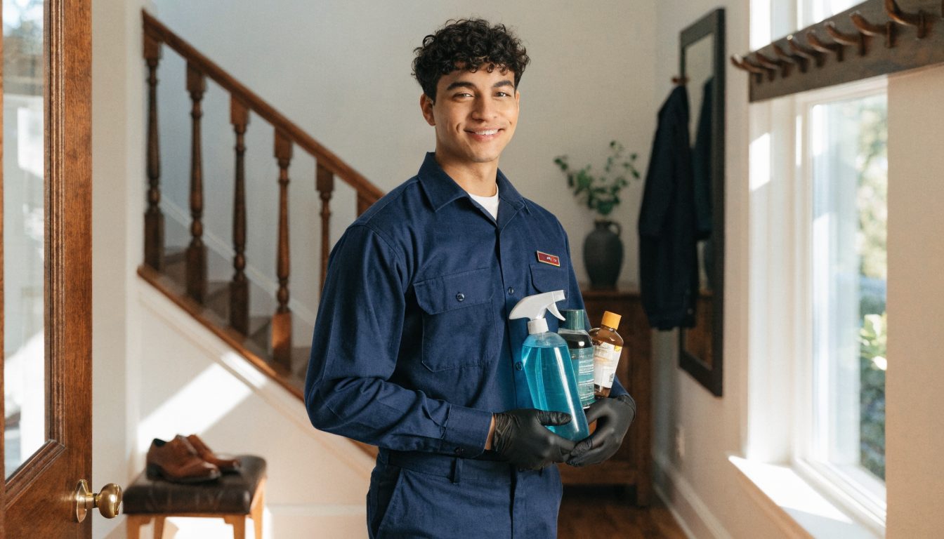 Friendly Sparkle Clean professional cleaner with supplies ready to serve your Indianapolis home