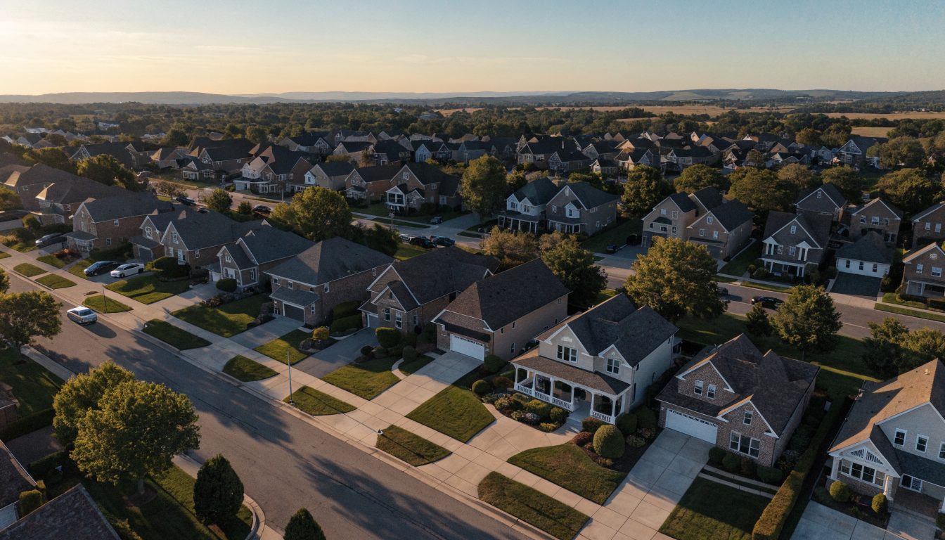 Golden hour aerial drone view of beautiful North Indianapolis suburban neighborhood — the communities served by Sparkle Clean